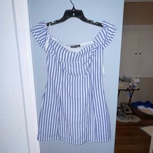 Seaside Skipper Blue Striped Off-the-Shoulder Mini Dress